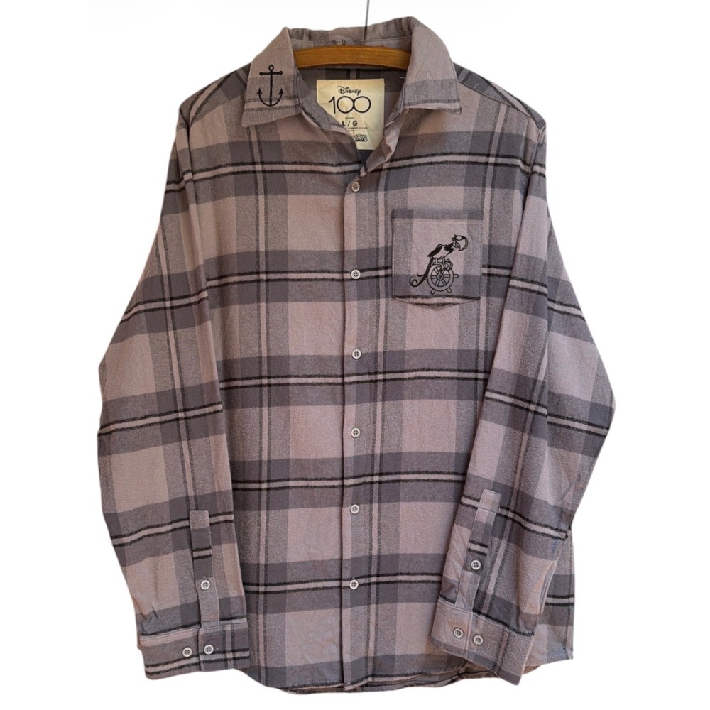 Disney 100 Cakeworthy Steamboat Willie Plaid Flannel Shirt Mens Large Grey Black